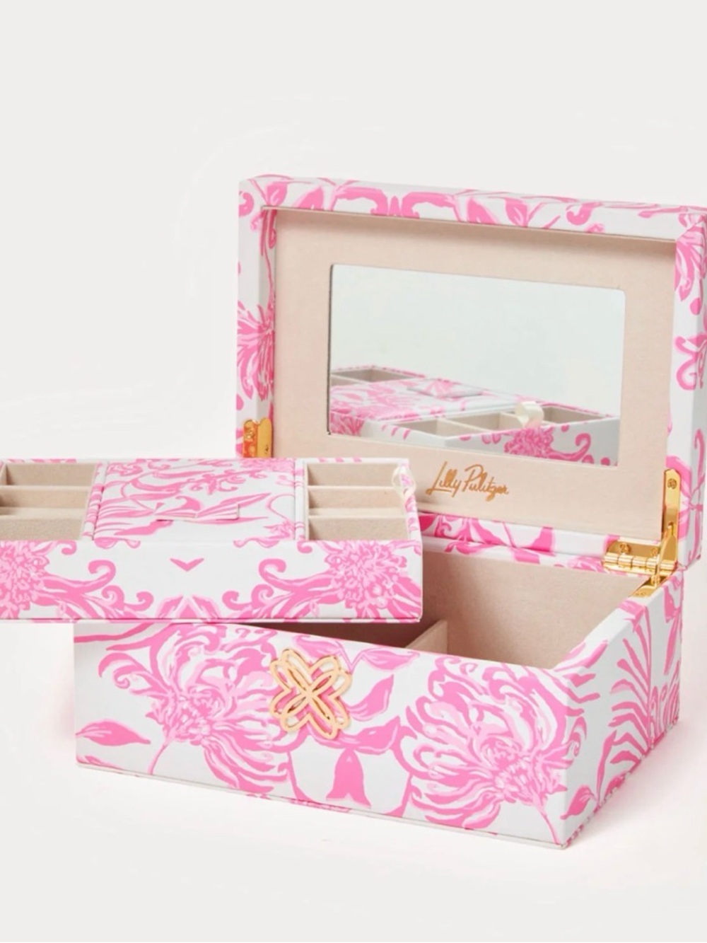 Lilly Pulitzer Pink and White Floral Jewelry Box with Gold Accents